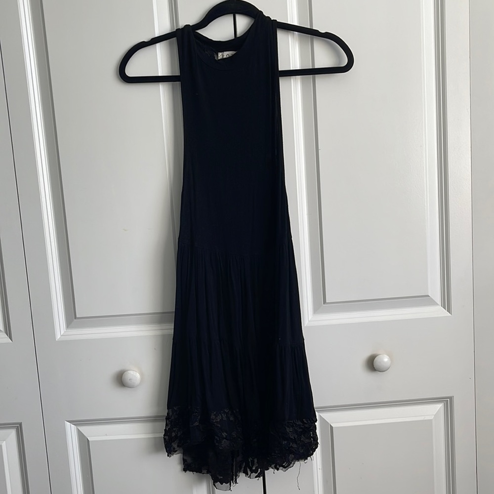 Black high neck dress with open back & lace